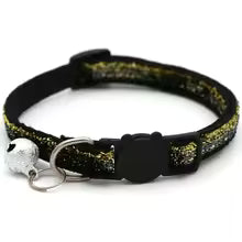 Adjustable colorful cat collar with bell for pets; glittery black strap, silver bell, width 1.0 cm.