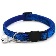 Blue glitter adjustable cat collar with bell for pets.