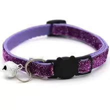 Adjustable purple glitter cat collar with bell for pets; 1.0 cm wide cloth strap, buckle, and small cat charm.