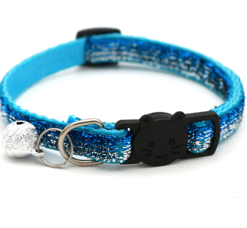 Adjustable blue glitter cat collar, 1.0cm wide, with bell and cat-face buckle for pets