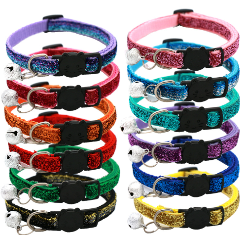 Set of glittery, 1.0 cm wide adjustable cat collars in rainbow colors with black cat-face buckles and bells.