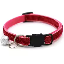 Adjustable pink cat collar with bell and metal charm; 1.0 cm wide, cloth material.