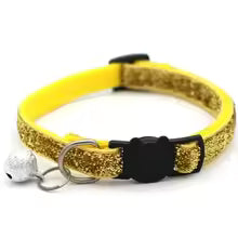 1.0 cm wide glittery yellow adjustable cat collar with bell.