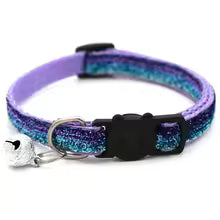 Adjustable colorful cat collar with purple-blue glitter, 1.0 cm wide, bell charm for pets.